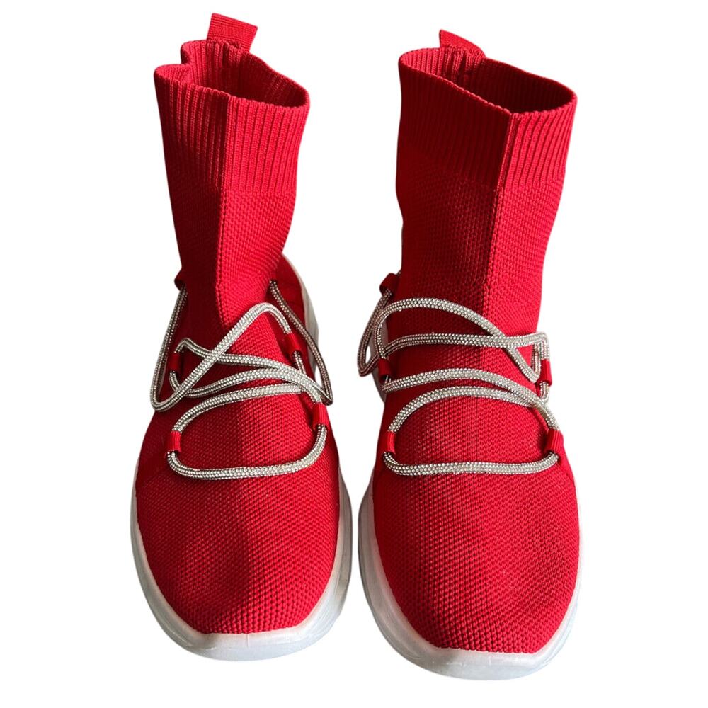 AZALEA WANG Platform Mid Sock Sneakers-Red with Diamond Laces Sz38-NEW